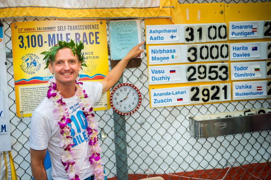 Ashprihanal Aalto points to the results board after winning a 3,100 mile run.