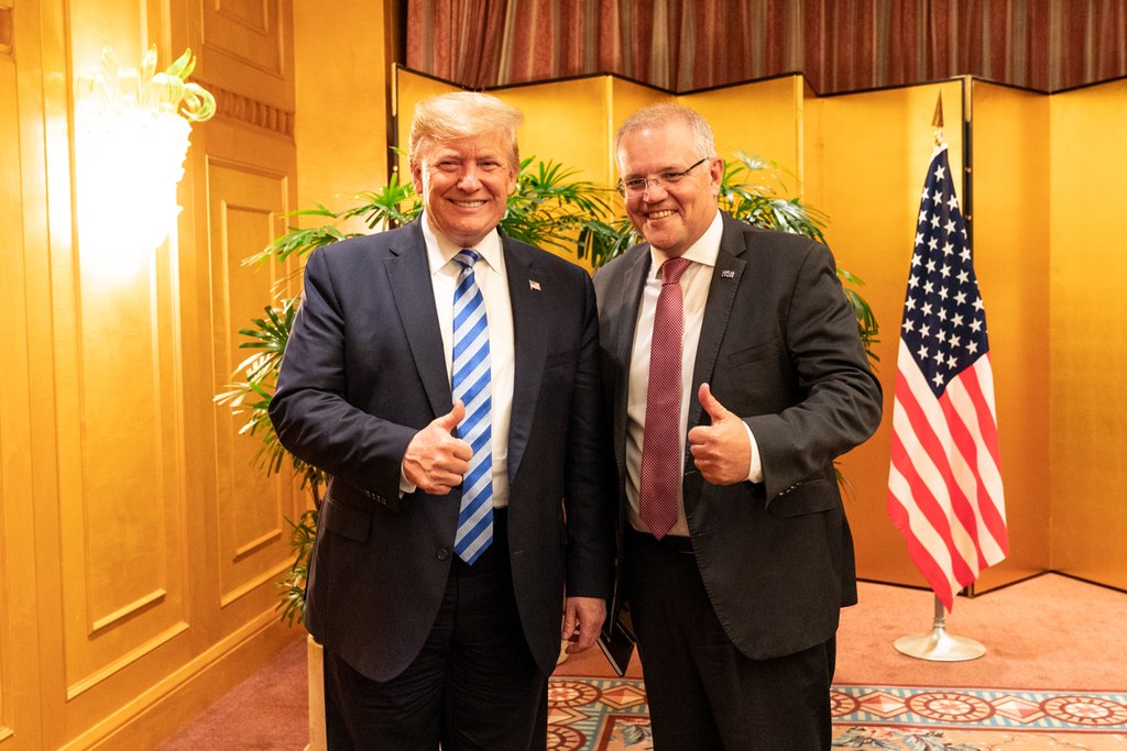 President Donald J. Trump poses for a photo with Australian Prime Minister Scott Morrison following their dinner at the Imperial Hotel Osaka Thursday, June 27, 2019, Osaka, Japan.