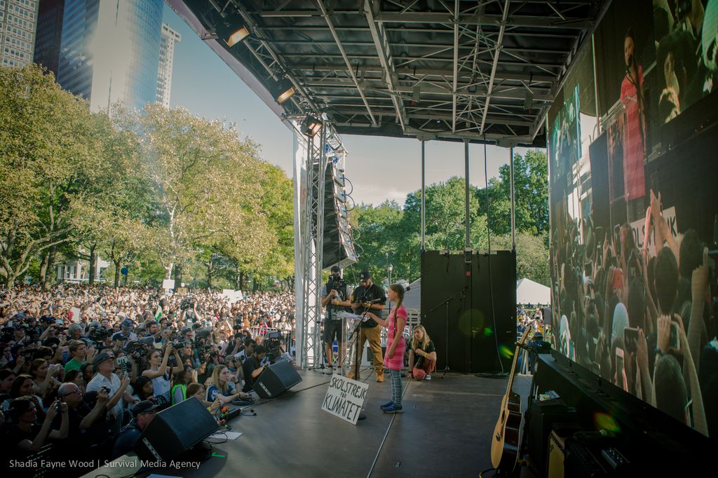 Greta Thunberg addresses a crowd as climate protesters take action in New York City, New York, USA on September 20, 2019.