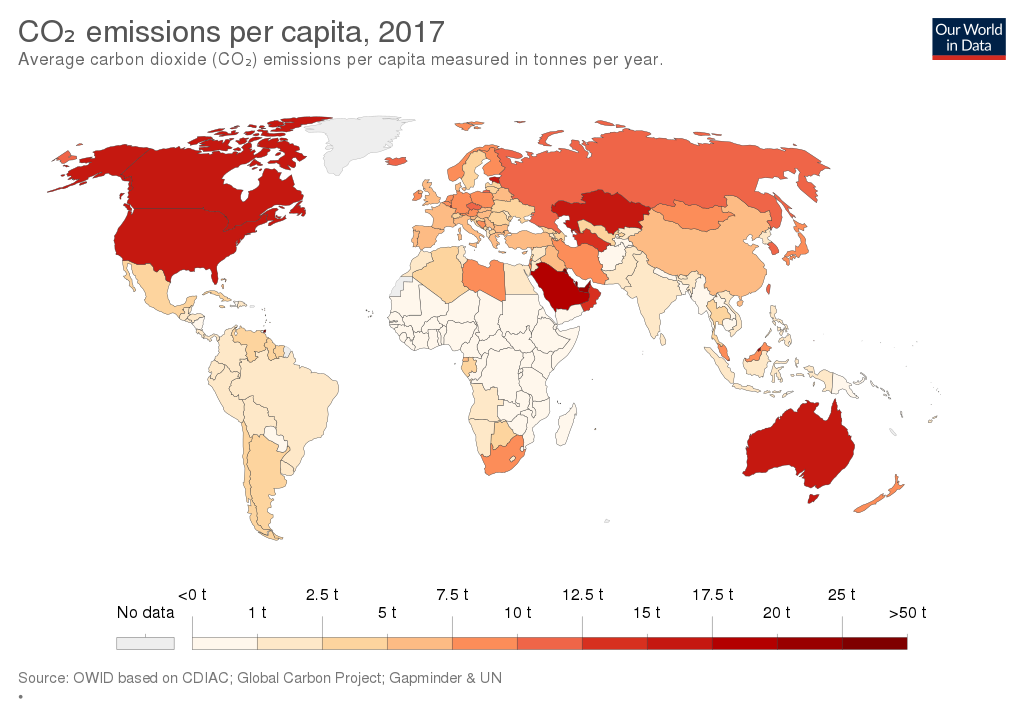 Map showing CO2 emissions per capita, 2017