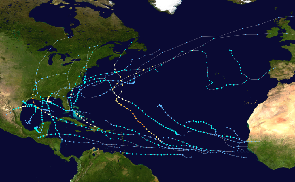 This map shows the tracks of all tropical cyclones in the 2020 Atlantic hurricane season.