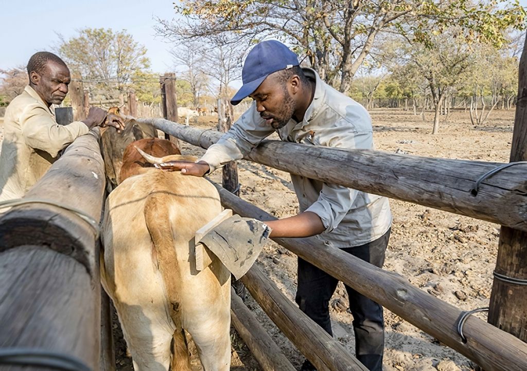 Farmers in Botswana mark a cow with fake eyes.