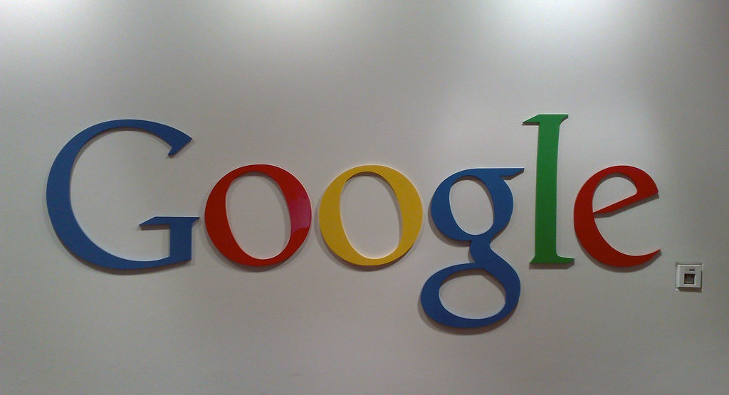 Google logo on a wall inside Google's headquarters in Sydney, Australia.