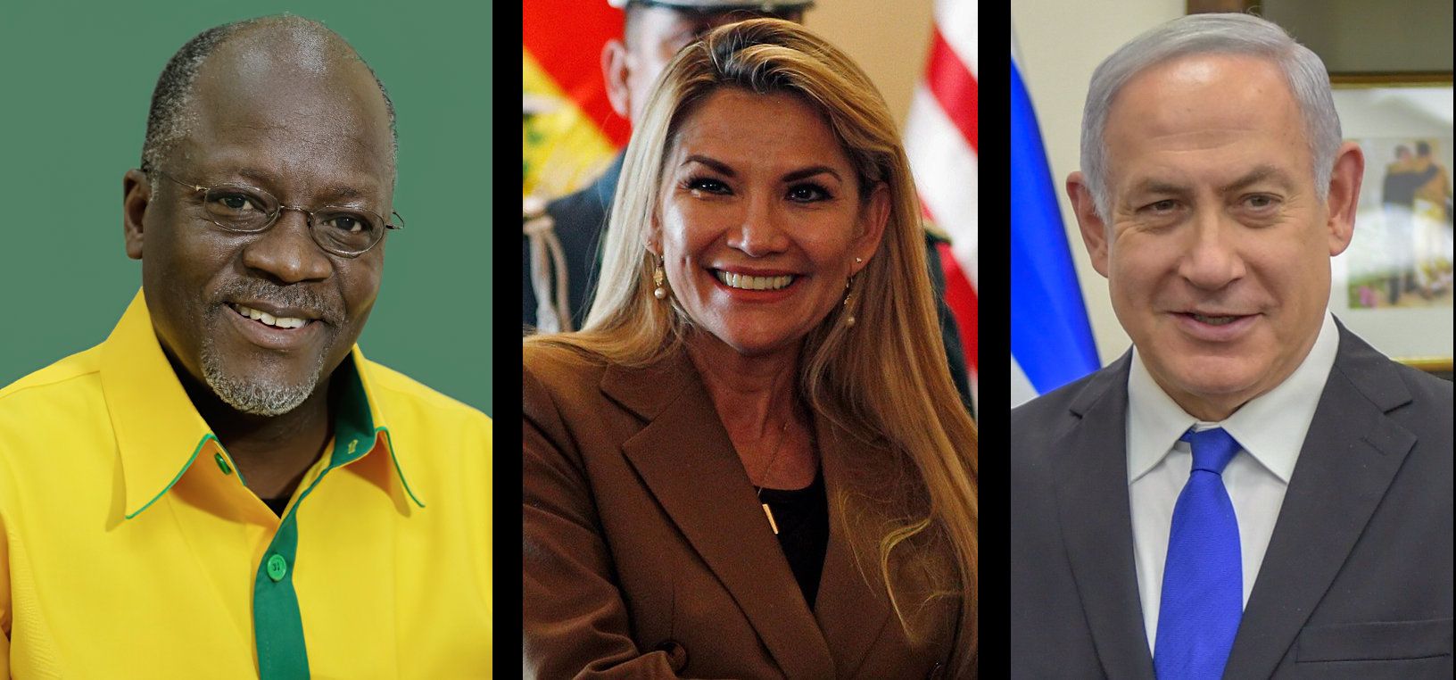 Headshots of John Magufuli, Jeanine Áñez, and Benjamin Netanyahu.