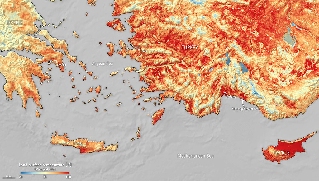 This map shows the temperature of the land surface on 2 August 2021. It is clear to see that surface temperatures in Turkey and Cyprus have reached over 50°C, again.