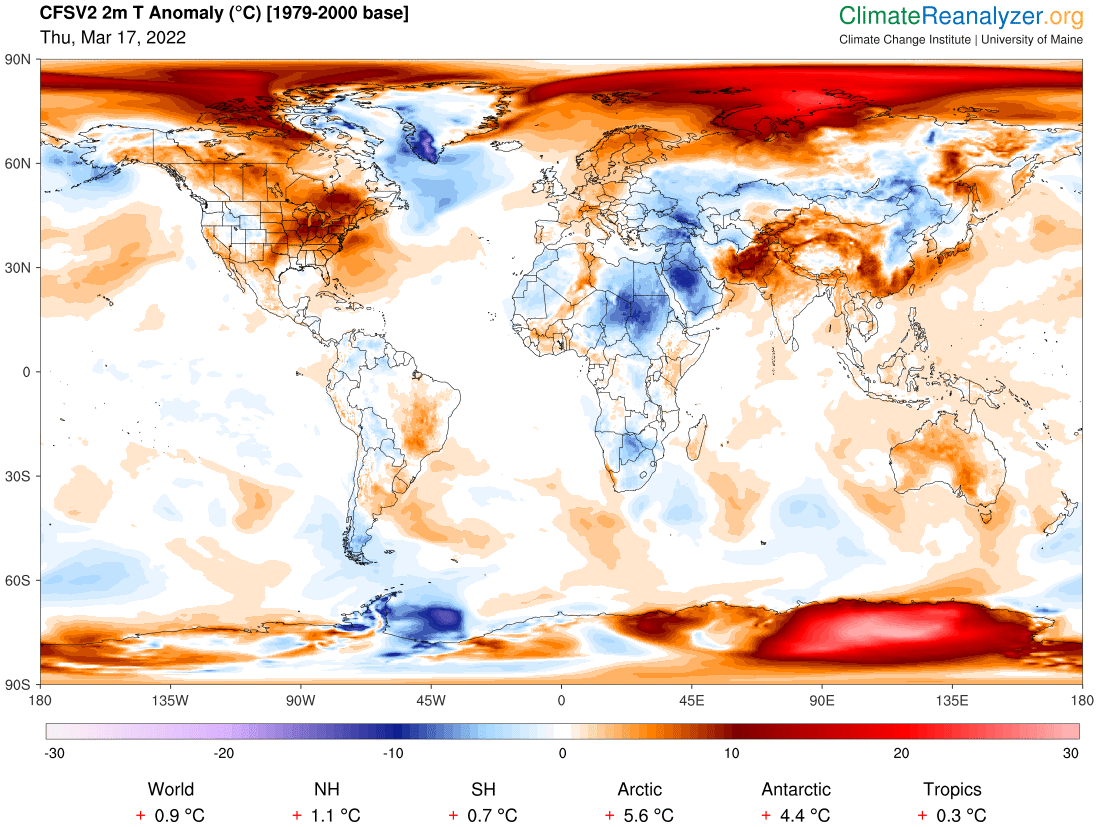 Map of the world, highlighting areas where the temperature is far different from average. Antarctica and the Arctic are a dramatic red.