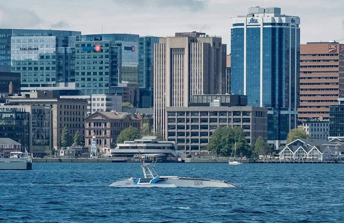 The Mayflower Autonomous Ship after it arrived in Halifax, Nova Scotia.