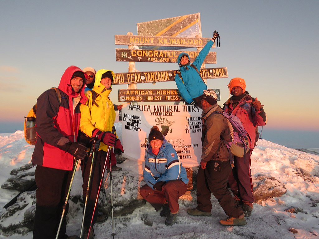 Climbers at the top of Mount Kilimanjaro, Tanzania in 1980.