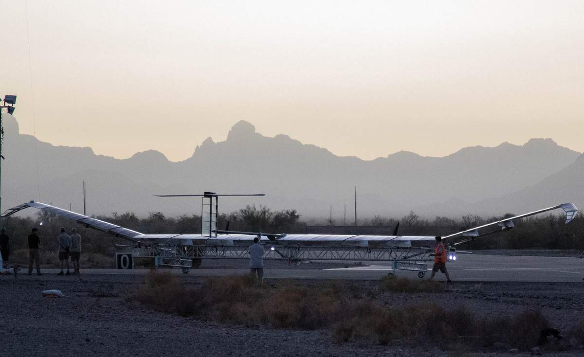 Above, the Zephyr 8 drone being prepared to take off in June.