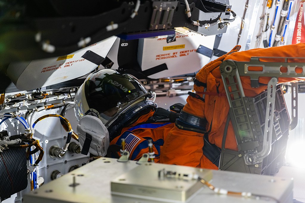 A view of Moonikin “Campos” secured in a seat inside the Artemis I Orion crew module atop the Space Launch System rocket in High Bay 3 of the Vehicle Assembly Building at NASA’s Kennedy Space Center in Florida on Aug. 3, 2022.