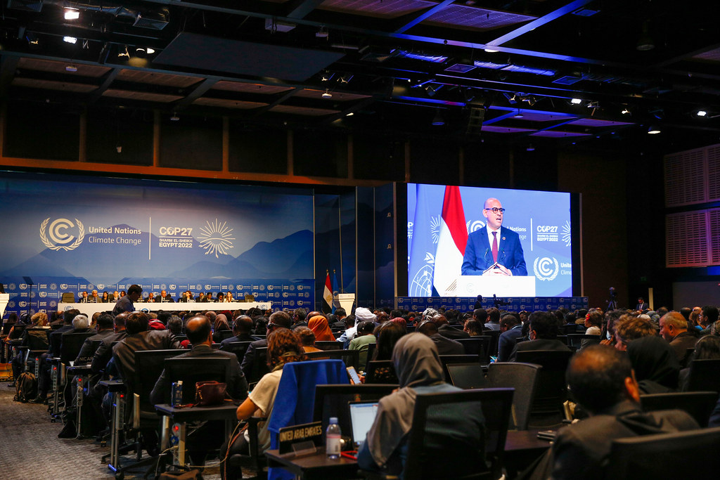 An audience watches the UN’s new climate chief, Simon Stiell, speak on the first day of the COP 27 meeting.