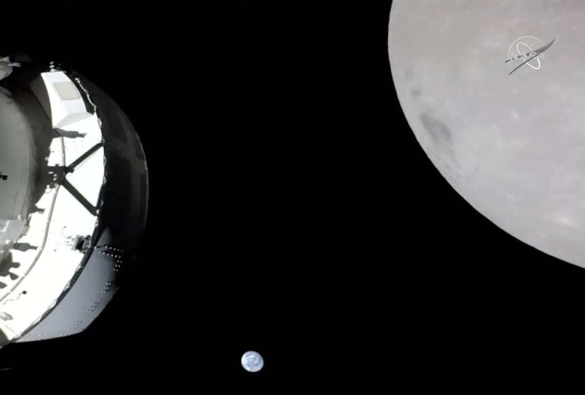 The Orion command module performing a lunar flyby, with the Moon, Earth, and Orion itself visible in the frame.