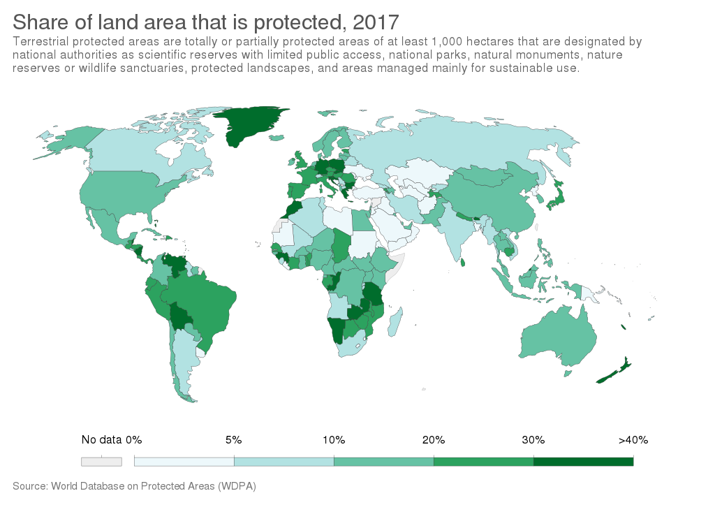 Map showing percent of land area that is protected by country as of 2017.