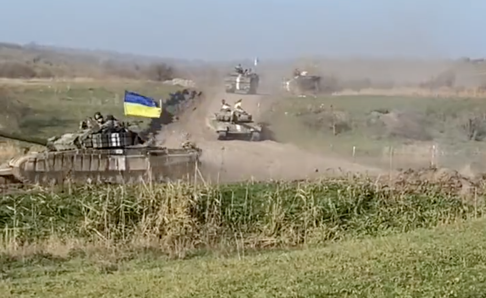 A column of Ukrainian tanks liberating territory in Southern Ukraine.