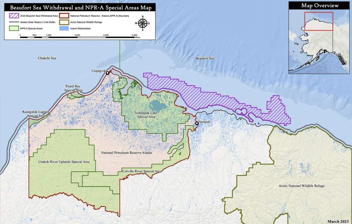 This map indicates the Beaufort withdrawal zone as proposed by the Biden-Harris administration. This area is intended to be indefinitely off limits for future oil and gas development