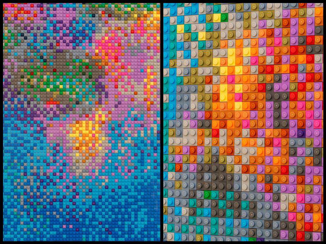 Two close-up images of Ai Weiwei's Water Lilies #1, showing the individual Lego pieces.