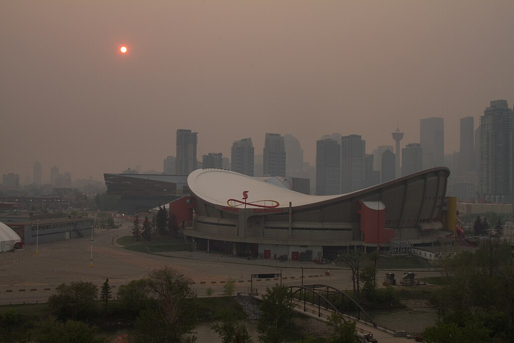 In May 2023 wildfires in northern Alberta, Canada caused significant impact on air quality as thick smoke engulfed areas across Canada and the United States. On May, 17th, 2023, the day this photograph was taken, the Air Quality Health Index from the Government of Canada measured 10+, the highest rating possible.