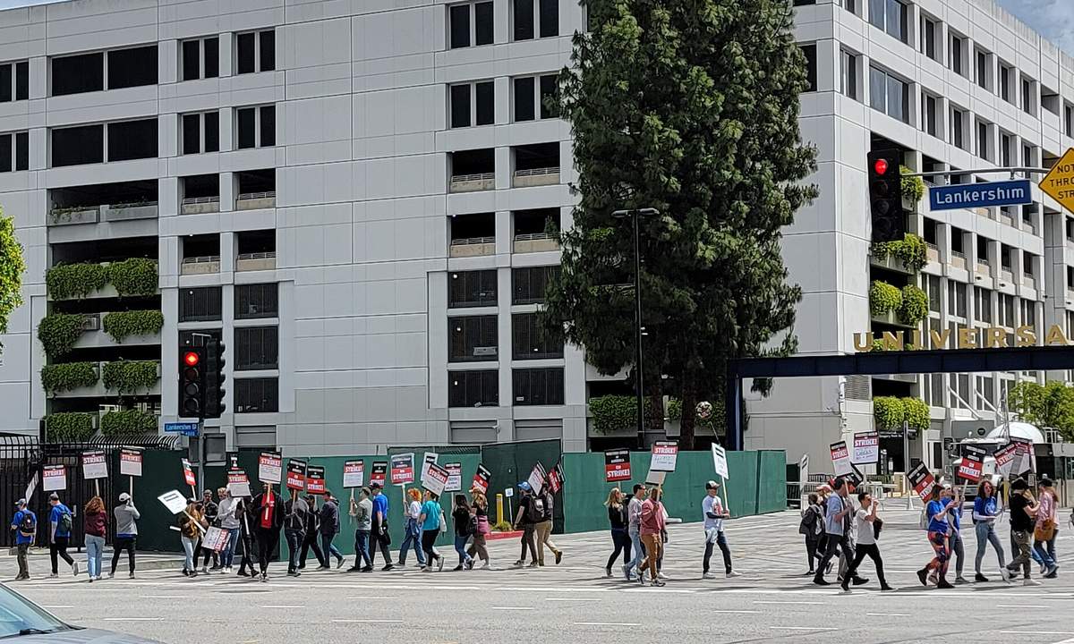 WGA members and supporters picket in front of Universal Studios Gate 2 on James Stewart Avenue, May 5, 2023