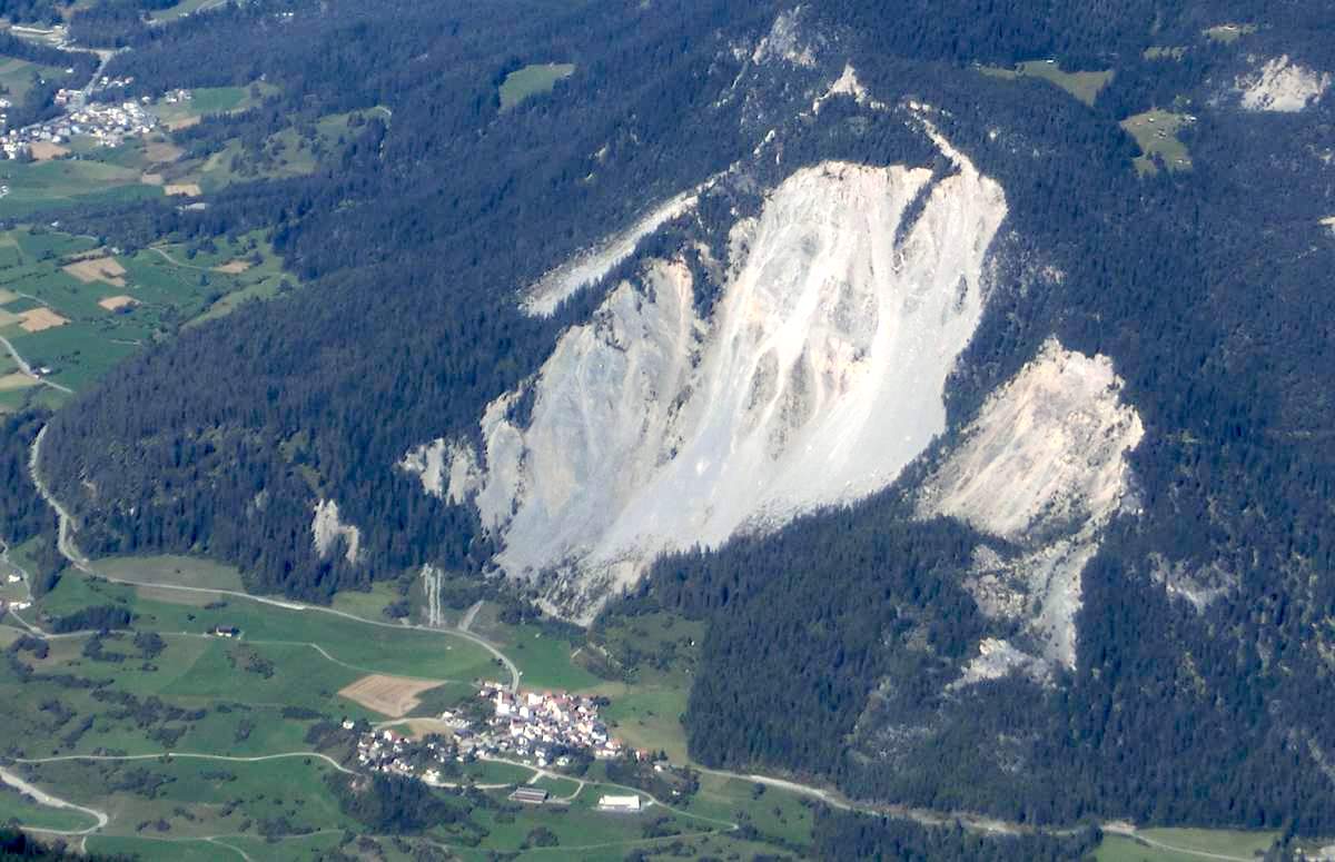 The village of Brienz, with a huge mountain of rockslide towering over it.