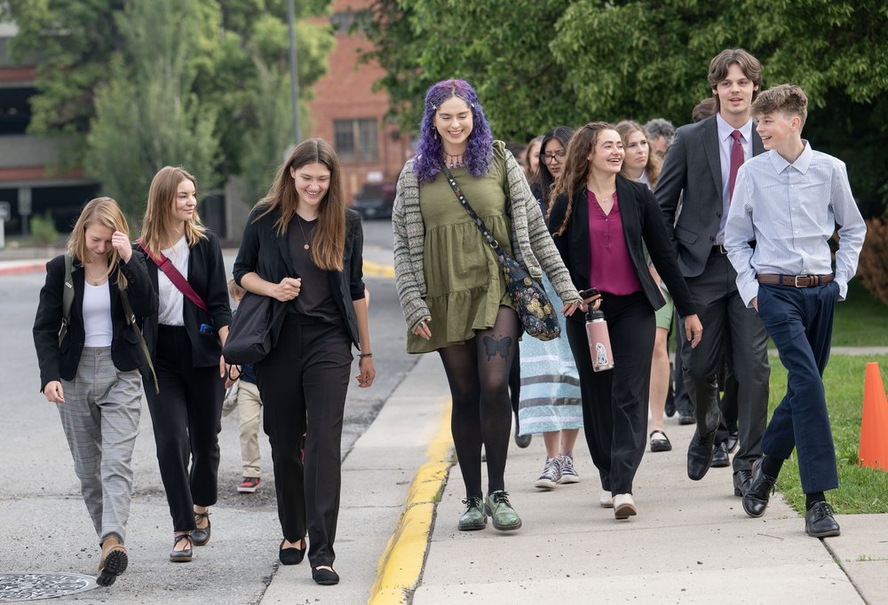 Plaintiffs in the landmark Held vs Montana climate change lawsuit listen to testimony in the Lewis and Clark County Courthouse in Helena on the first day of their trial.