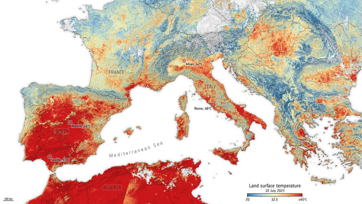 This image uses data from the Copernicus Sentinel-3 mission’s radiometer instrument and shows the land surface temperature across Europe and parts of northern Africa in the morning of 10 July 2023. Land surface temperatures hit 46°C in Rome, Italy, while Madrid and Seville reached 46 and 47°C, respectively.