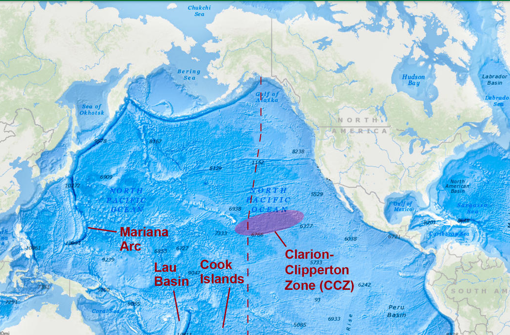 Map showing the location of the Clarion Clipperton Zone in the Pacific Ocean.