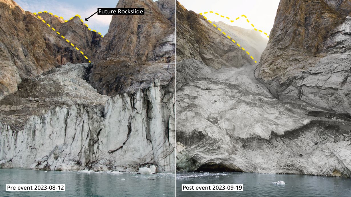 Photos of the mountain peak and the glacier before and after the rockslide that caused a globally perceptible signal.