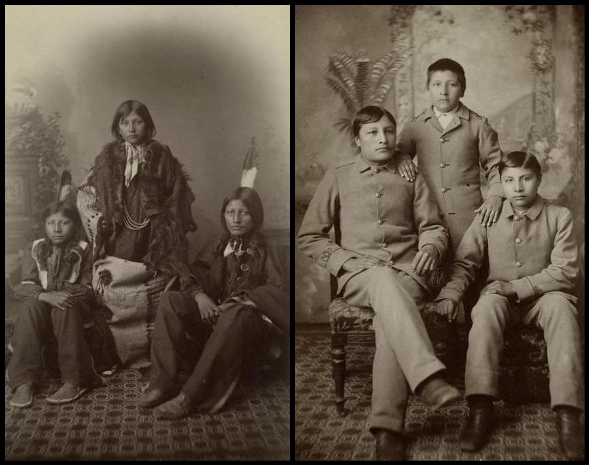 Left, a picture of three young Native American boys the day after they entered Carlisle School in 1883. Right, a picture of the same boys, seated differently, three years later. The names of the boys are Wounded Yellow Robe (Richard), Timber Yellow Robe (Chauncey), and Standing Bear (Henry).