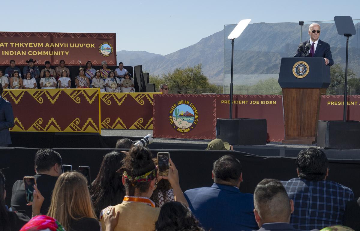 President Joe Biden apologizes for the US government's treatment of Native American children and families, while speaking at the Gila Crossing Community School, Friday, October 25, 2024.