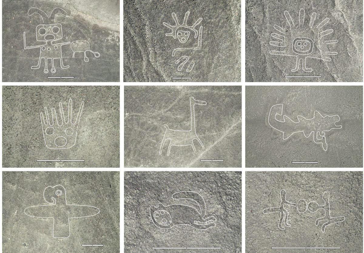 A collection of the new Nazca geoglyphs discovered by scientists with the help of AI and drones. The geoglyphs have been outlined to make them easier to see.